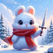 cartoon bunny wearing a red scarf holds a sword aloft while standing in a snowy woods
